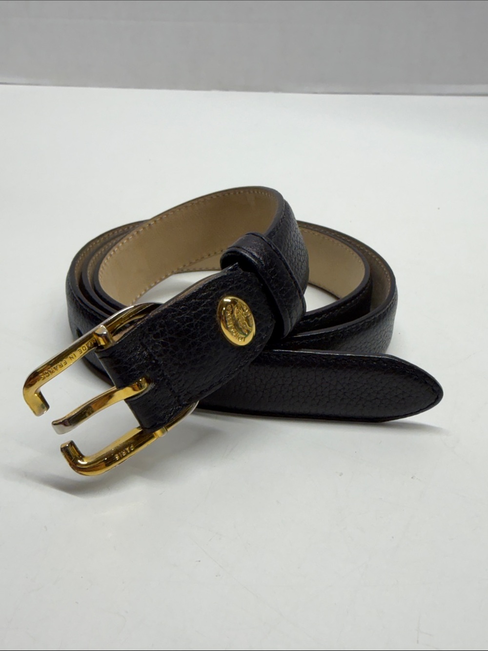 Longchamp France Leather Belt Classic Luxury Designer Black Gold Buckle Skinny 1